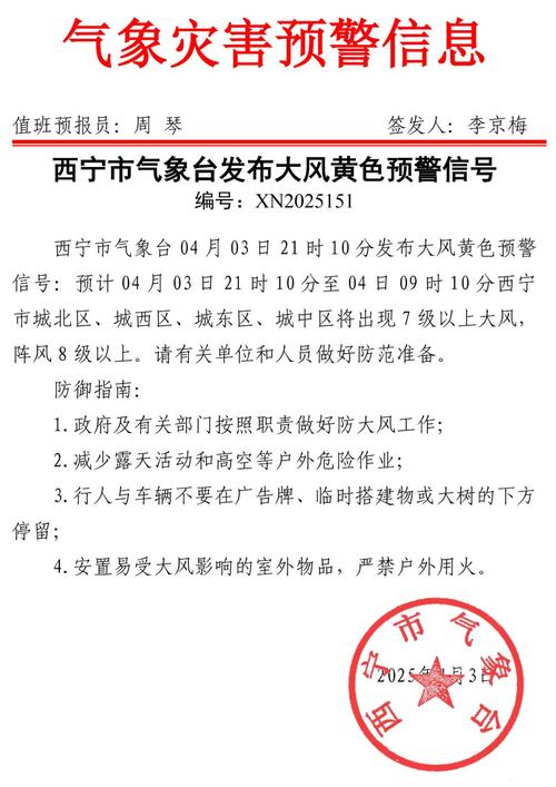 青海西宁市气象台发布大风黄色预警