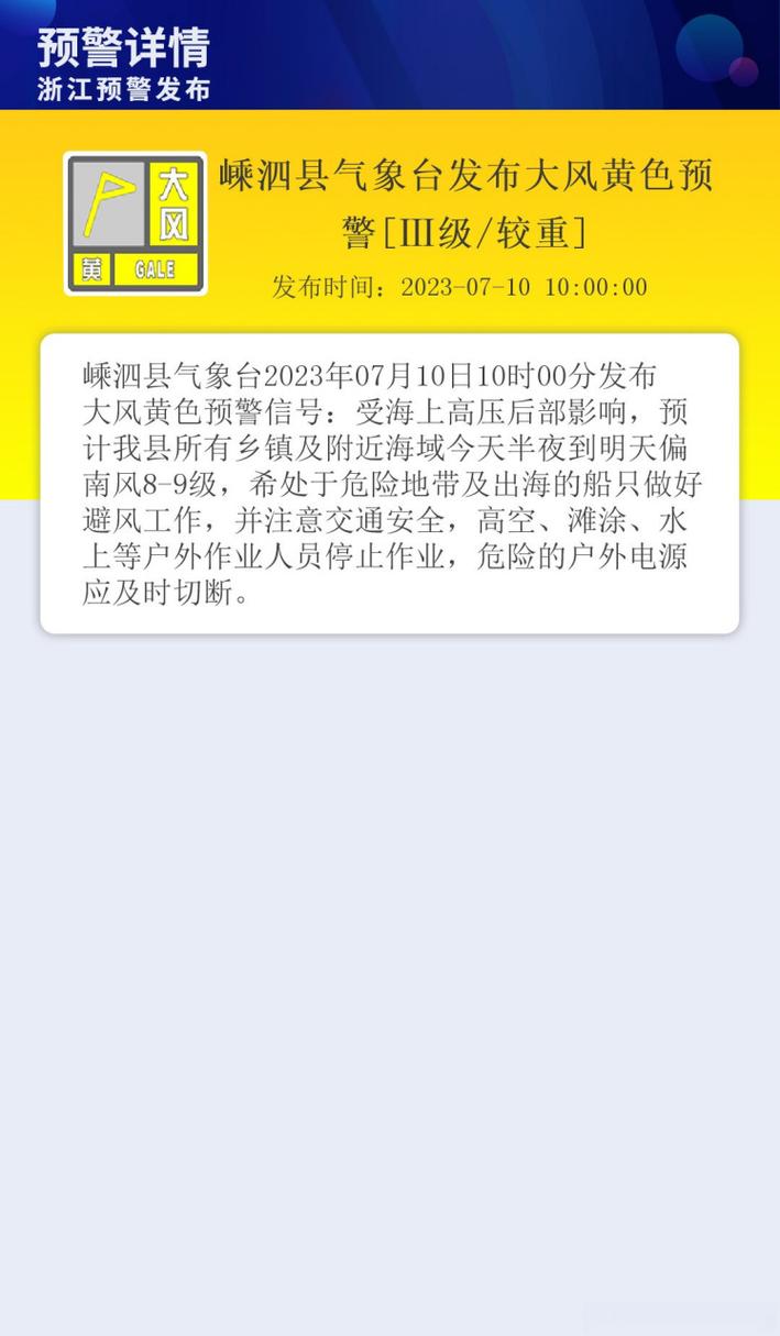 浙江省嵊州市发布大风黄色预警_4