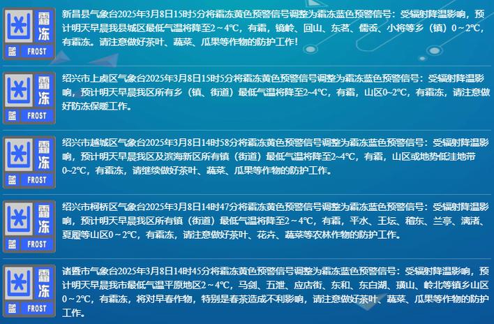 浙江省瑞安市发布霜冻蓝色预警