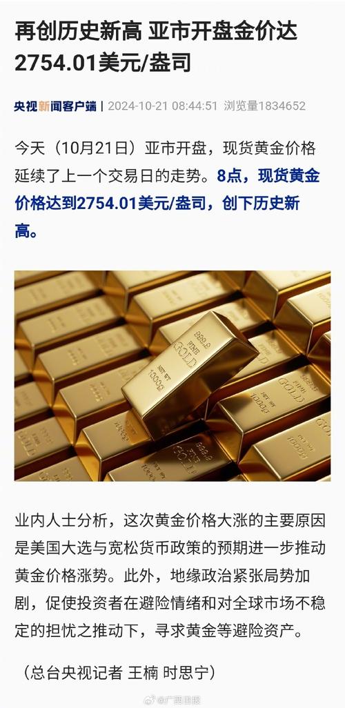 再创历史新高 亚市开盘金价达2754.01美元 盎司